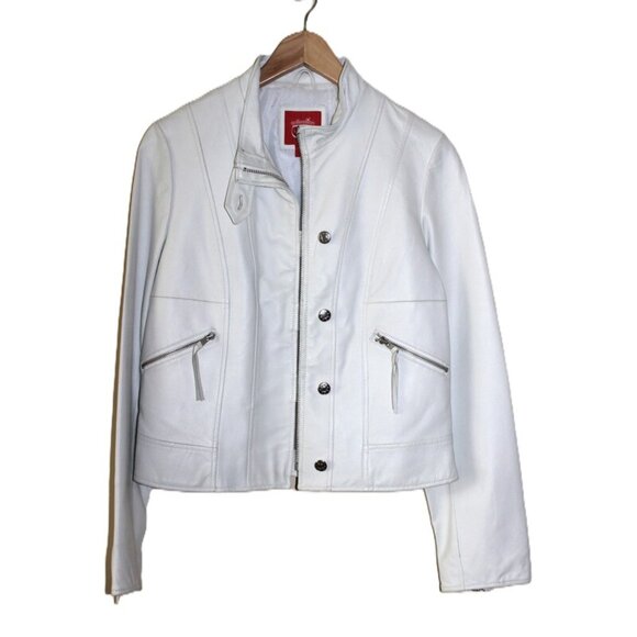 COLLECTION (European Brand) Genuine Leather Slim-Fit Cropped Moto Jacket, White - Picture 8 of 10